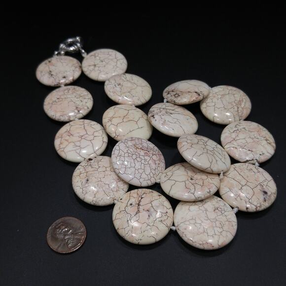 Vintage Gemstone Flat Circular Beaded Necklace, Hand Knotted, 1980s - Picture 5 of 10